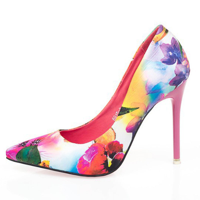 Women summer spring satin new thin high heels printing flowers classic high quality pointed toe women pumps women shoes - CelebritystyleFashion.com.au online clothing shop australia