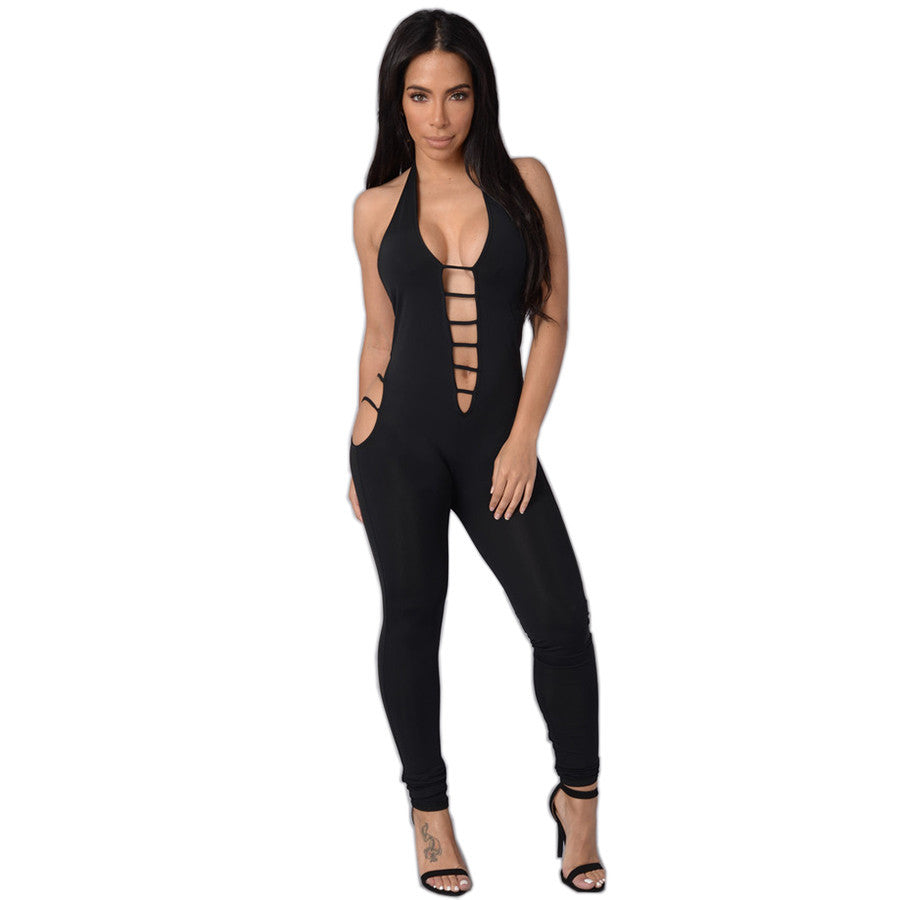 Overalls Black Halter Straps Backless Cut Out Jumpsuit Deep Plunge Playsuit - CELEBRITYSTYLEFASHION.COM.AU