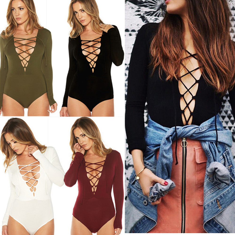 Deep V-neck Criss Cross Women T Shirt Long Sleeve Top Kim Kardashian Kendall Jenner Style - - 1