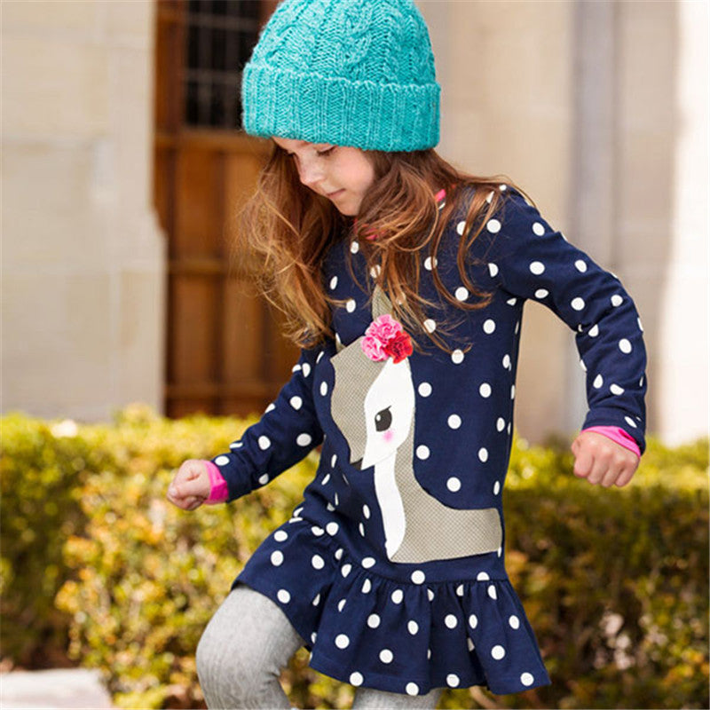Baby Girl Clothes Kids Baby Girls Long Sleeve O-neck Dress One-piece Dots Deer Cotton Dresses Toddlers Clothes Kids Dress - CelebritystyleFashion.com.au online clothing shop australia
