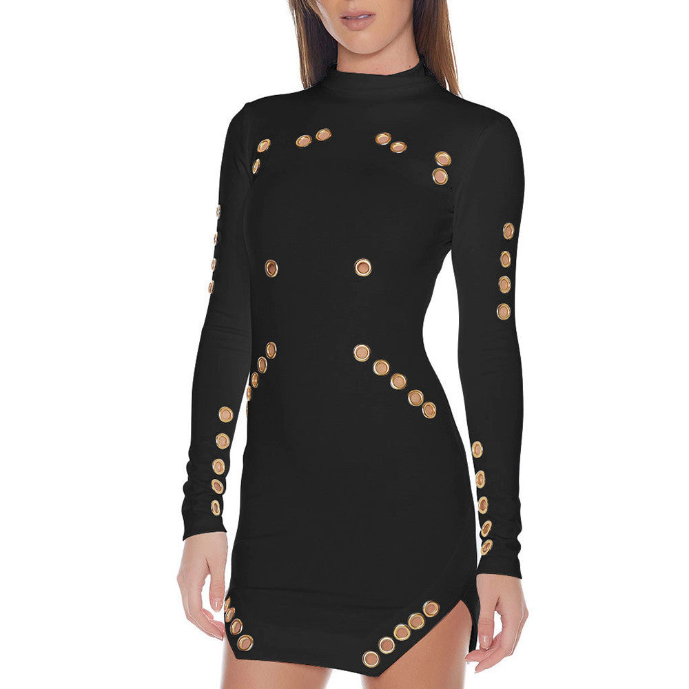 Long Sleeve Mini Party Dress Gold Rivet Hole High Neck Black Slit Long Sleeve Mini Party Dress Gold Rivet Hole High Neck Black Slit