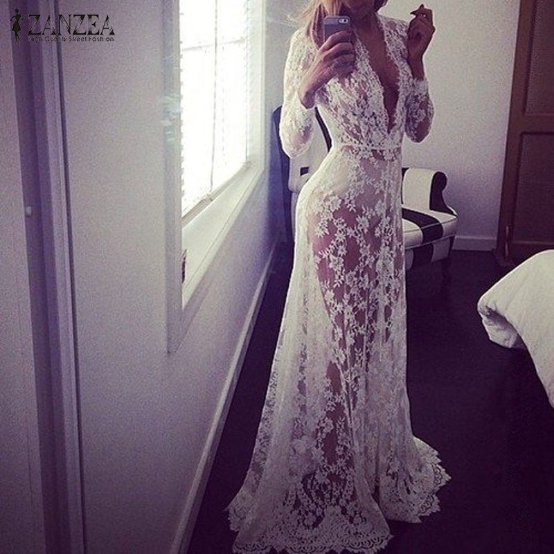 Summer European Style Womens Sexy Lace Embroidery Maxi Solid White Dress Long Sleeve Deep V Neck Vestidos Plus Size S-XL - CelebritystyleFashion.com.au online clothing shop australia