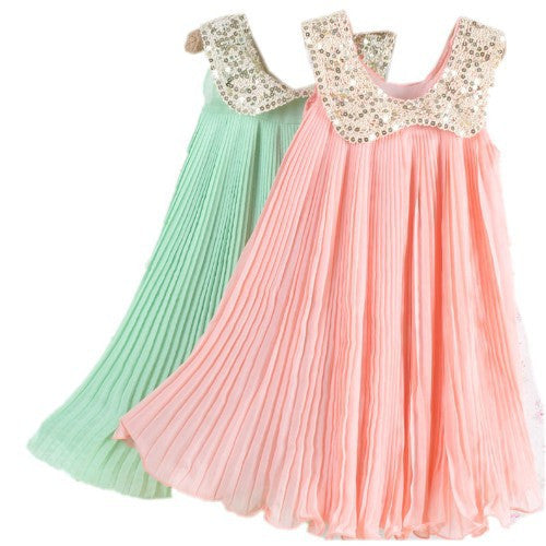 Summer Girls Pleated Chiffon One-Piece Dress With Paillette Collar Children Colthes For Kids Baby, Pink/Green Free Shipping - CelebritystyleFashion.com.au online clothing shop australia
