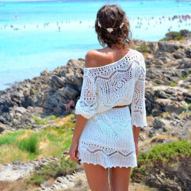 Sexy Women Hollow Out White V Neck Mini Lace Dress Beach Party Elegant Sexy Women Hollow Out White V Neck Mini Lace Dress Beach Party Elegant