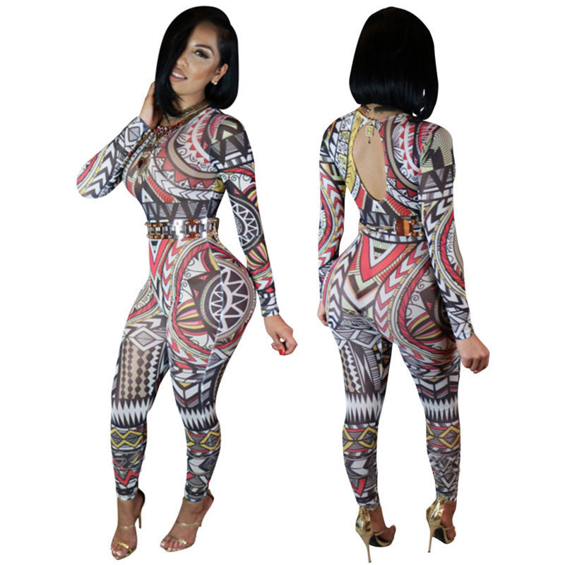 Chic Long Sleeve Tight Print Jumpsuit Backless Bodysuit -  - 2