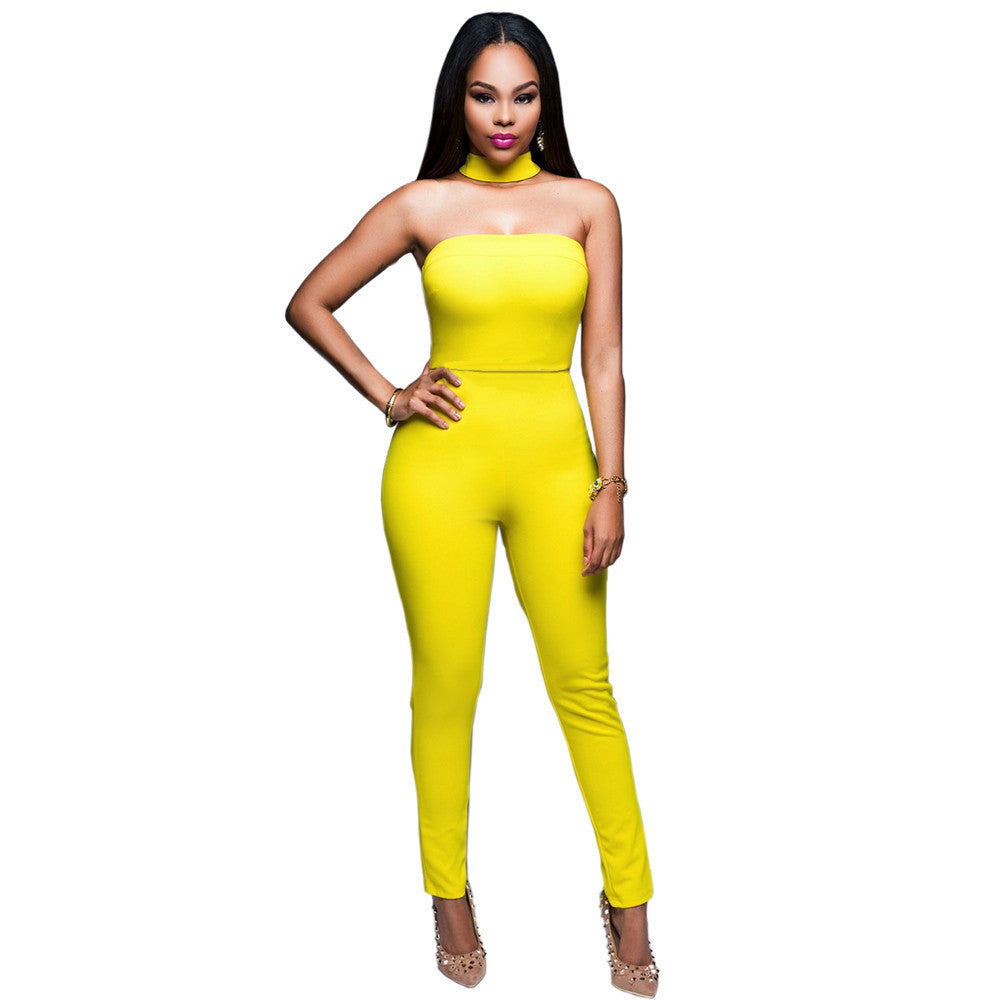 Jumpsuit Strapless Bodysuit Black Yellow Skinny Long Pants Night Club - CELEBRITYSTYLEFASHION.COM.AU - 1