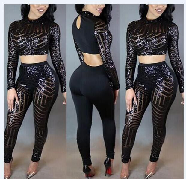 Women Crop Top + Pant Sequined O-Neck Playsuit Two Pieces Outfit - CELEBRITYSTYLEFASHION.COM.AU - 2
