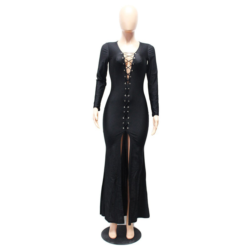 Black Long Sleeve Maxi Deep V Bandage Criss Cross Dress - CELEBRITYSTYLEFASHION.COM.AU - 2