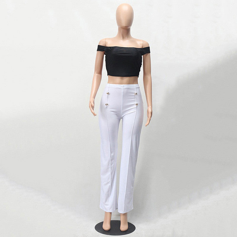 Black White Button Two Piece Bodysuit Long Pants Jumpsuit - CELEBRITYSTYLEFASHION.COM.AU - 2