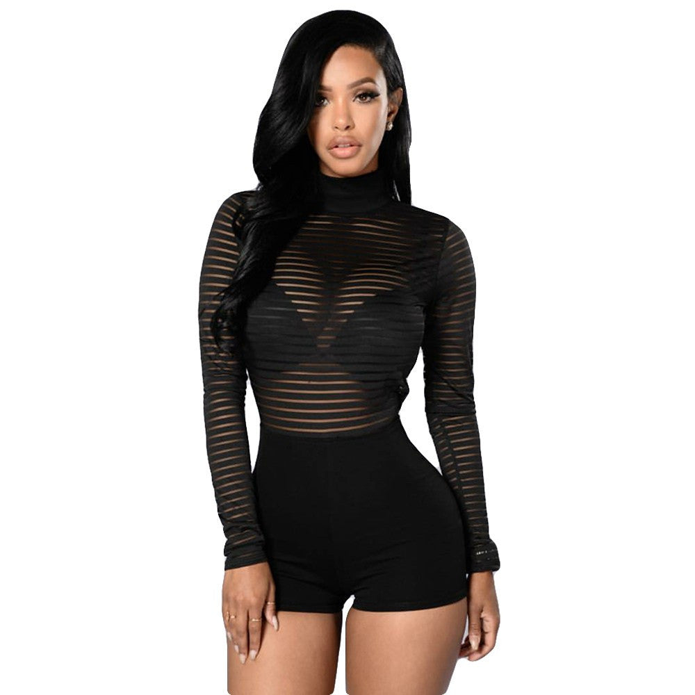 Black Striped Mesh Jumpsuit Playsuit Kylie Jenner Style - CELEBRITYSTYLEFASHION.COM.AU - 1