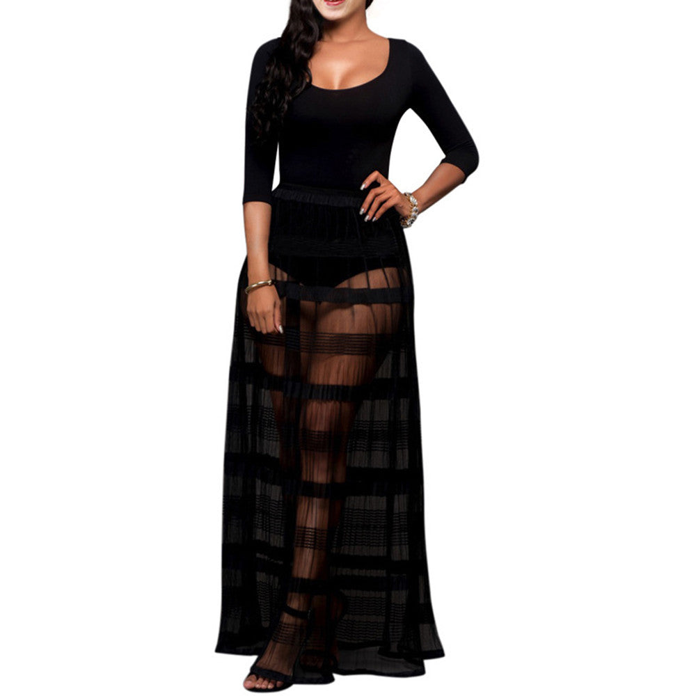 Long O-neck Three Quarter Sleeve Black Striped Mesh Maxi Dress Kim Kar