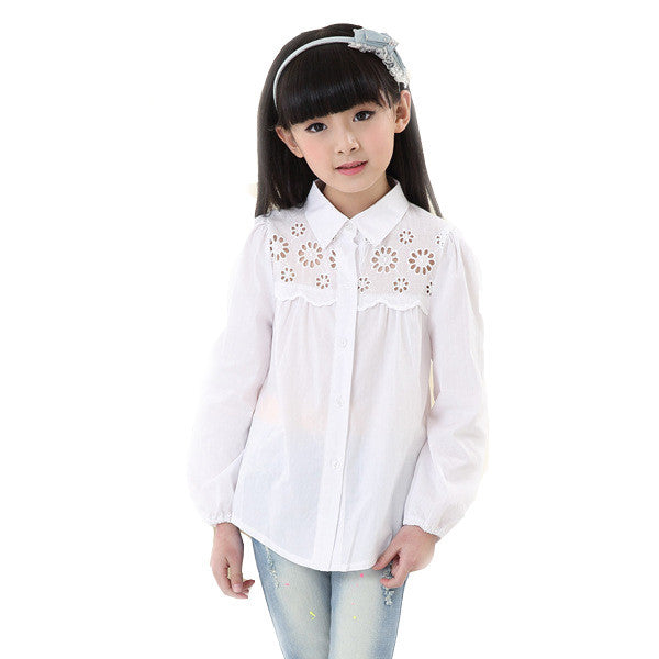 children's clothing brand cotton peter pan collar long-sleeve shirt white lace decoration girls blouses - CelebritystyleFashion.com.au online clothing shop australia