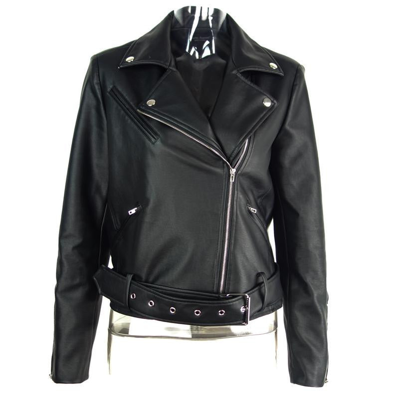 PU Leather Coat Classic Basic Black Adjustable Waist Motorcycle Jacket - CELEBRITYSTYLEFASHION.COM.AU - 6