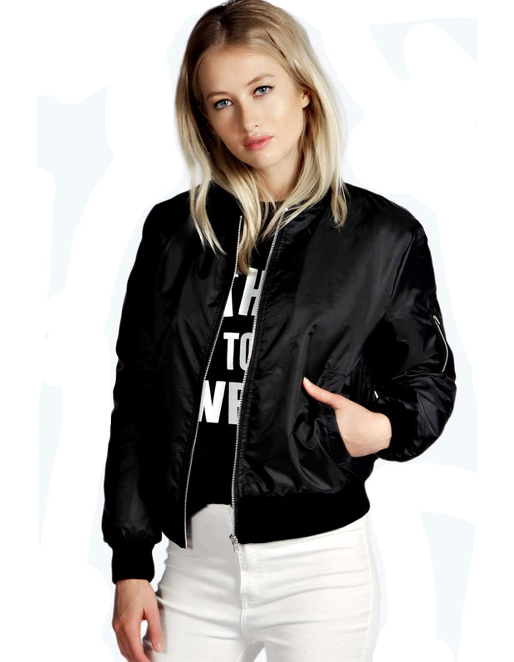 European Style Womens Retro Long Sleeve O-Neck Short Zipper Slim Bomber Jacket Casual Coat MA1 Pilot Bomber Jackets - CelebritystyleFashion.com.au online clothing shop australia