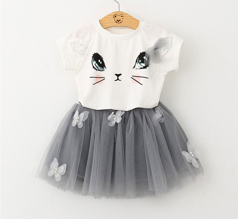 Girls Clothing Sets New Summer Fashion Style Cartoon Kitten Printed T-Shirts+Net Veil Dress 2Pcs Girls Clothes Sets - CelebritystyleFashion.com.au online clothing shop australia