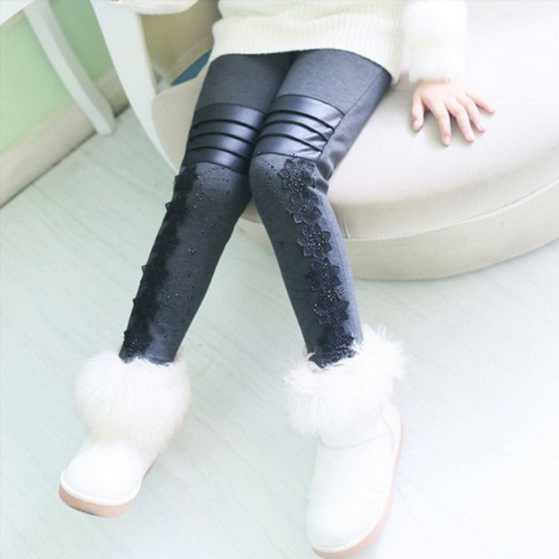 Girls Pants Winter Leggings Children Elastic Floral Lace Printed Flowers Warm Thick Cotton Gray Black Kids Trousers 6-11 - CelebritystyleFashion.com.au online clothing shop australia