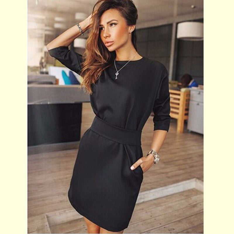 Women Fall Fashion Casual Mini Dress Broadcloth Solid Color Short Slee