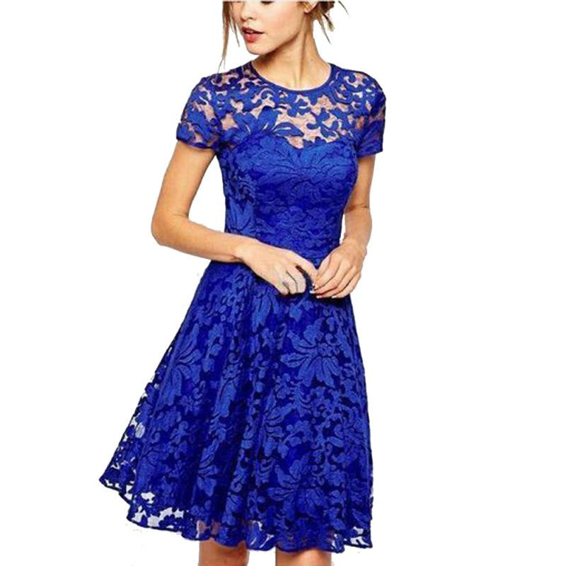 Women Floral Lace Dresses Short Sleeve Party Casual Color Blue Red Black Mini Dress - CelebritystyleFashion.com.au online clothing shop australia