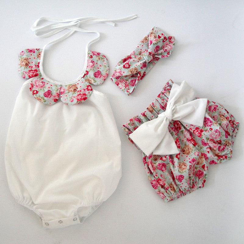 baby toddler summer boutiques baby girls vintage floral ruffle neck romper cloth with bow knot shorts headband - CelebritystyleFashion.com.au online clothing shop australia