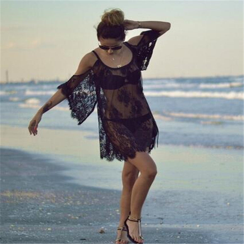 Women Beach Dress Sexy Strap Sheer Floral Lace Embroidered Crochet Sum Women Beach Dress Sexy Strap Sheer Floral Lace Embroidered Crochet Sum