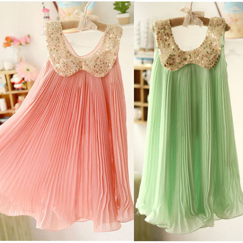 Summer Girls Pleated Chiffon One-Piece Dress With Paillette Collar Children Colthes For Kids Baby, Pink/Green - CelebritystyleFashion.com.au online clothing shop australia