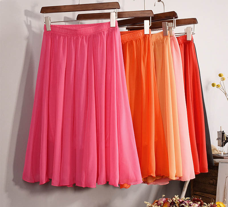 Fashion Women's Elegant 23 Color High Waist Chiffon Pleated Midi Skirt Ladies Casual Slim Beach Skater Skirts Saia SK17 - CelebritystyleFashion.com.au online clothing shop australia