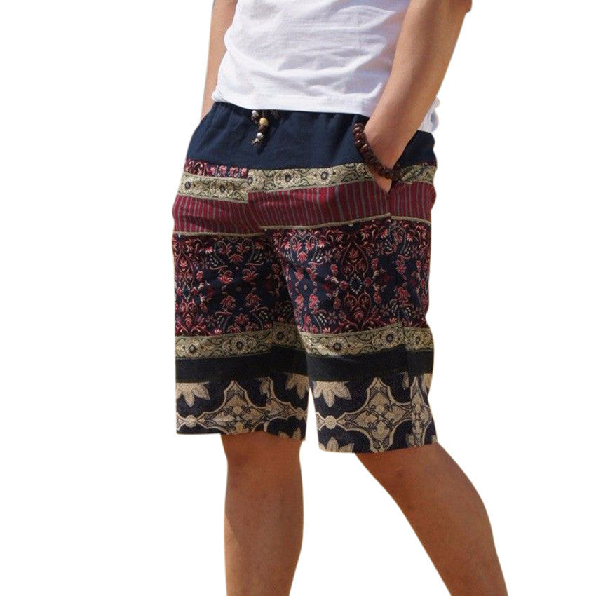 Men's linen shorts personality ethnic style color stitching summer new leisure wild men loose floral beach shorts M-5XL - CelebritystyleFashion.com.au online clothing shop australia