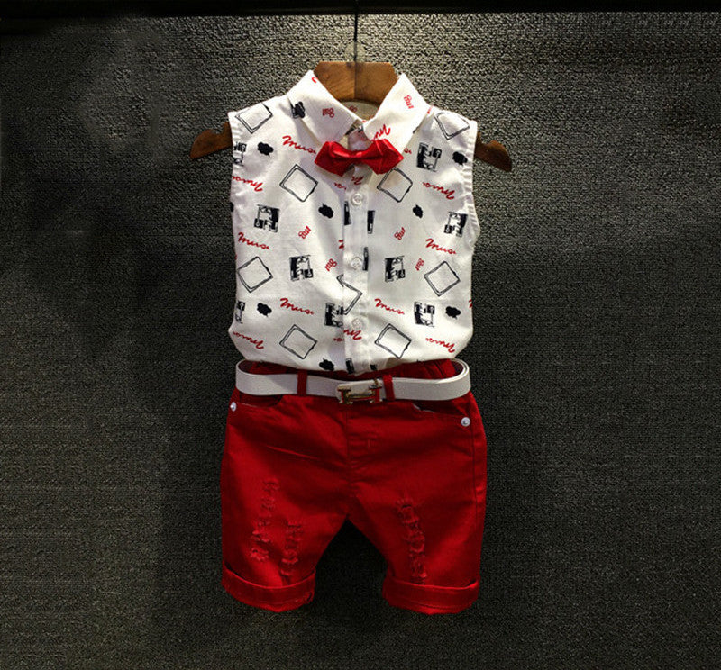 Boys Clothing Sets New Summer Fashion Style Kids Clothing Sets Print Shirt+Red Pants+Belt 3Pcs for Boys Clothes - CelebritystyleFashion.com.au online clothing shop australia