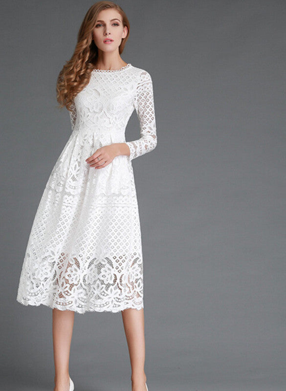 New European Spring Women's Lace Hollow Out Long Dresses Bohemian Femme Casual Clothing Women Sexy Slim Party Dress Vestido - CelebritystyleFashion.com.au online clothing shop australia