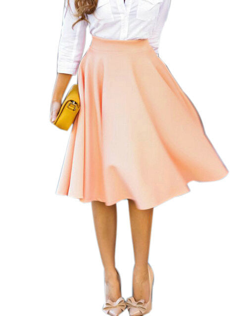 Women Perfect Peach Pink Pleats A-line Flared High Waist Midi Skater Skirt S-XL - CelebritystyleFashion.com.au online clothing shop australia