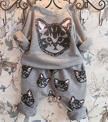 2pcs kids Girls Long Sleeve Cat Kitten Printed T-shirt Tops+Pants Sets Outfits Spring Autumn Clothing Set - CelebritystyleFashion.com.au online clothing shop australia