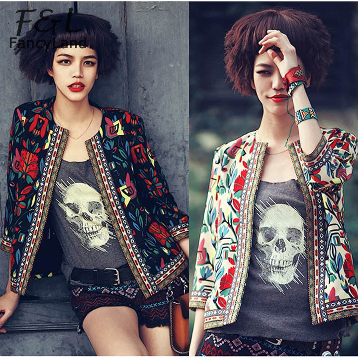 Women Jackets Vintage Flower Print Three Quarter Casual Short Jackets