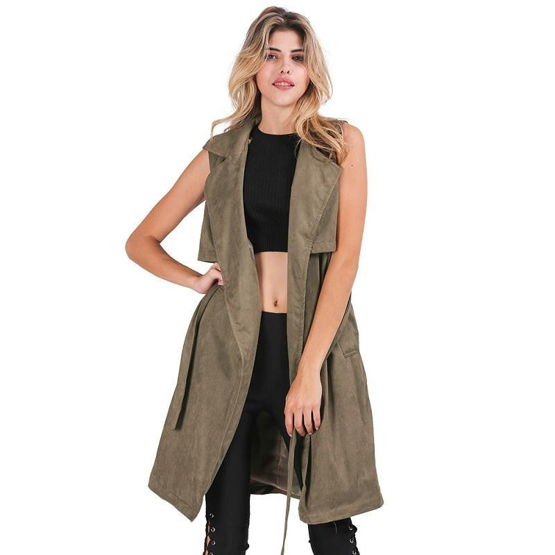 Army Green Suede Trench Coat Vest Waistcoat Jacket - CELEBRITYSTYLEFASHION.COM.AU - 1