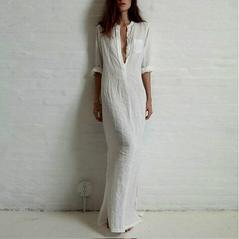Summer Autumn Long Maxi Dress Women Shirt Dresses Linen Cotton Casual Summer Autumn Long Maxi Dress Women Shirt Dresses Linen Cotton Casual