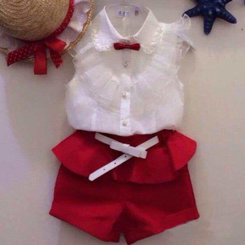 Summer fashion Girl lace white blouses+ red shorts clothing set kids clothes sets twinset - CelebritystyleFashion.com.au online clothing shop australia