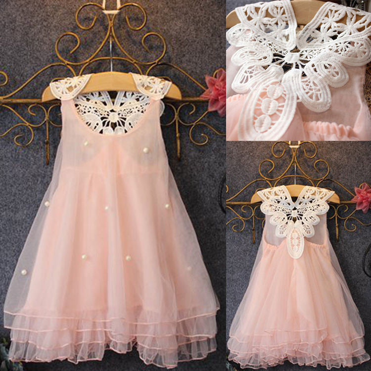 Xmas Chiffon Toddler Baby Girls Party Sleeveless Dress Pearl Lace Tulle Gown Formal Tutu Dress Fancy Backless Dress 3-7Y PINK - CelebritystyleFashion.com.au online clothing shop australia