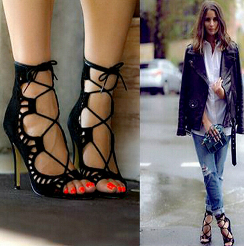 Fashion Women Pumps Women Shoes Sandals Lace up High Heels Cut Outs Shoes Summer Open Toe - CelebritystyleFashion.com.au online clothing shop australia