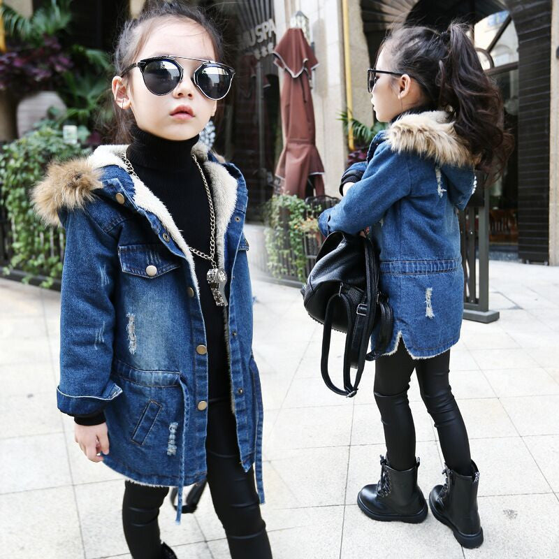 Kids girls denim jacket children plus thick velvet jacket big virgin long warm coat for cold winter - CelebritystyleFashion.com.au online clothing shop australia