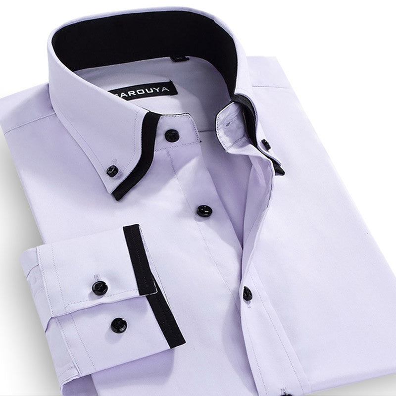 Autumn Men's Double-collar Long-Sleeved Solid Dress Shirts Cotton Blend Classic-fit Button Down Business Formal Plain Shirt - CelebritystyleFashion.com.au online clothing shop australia