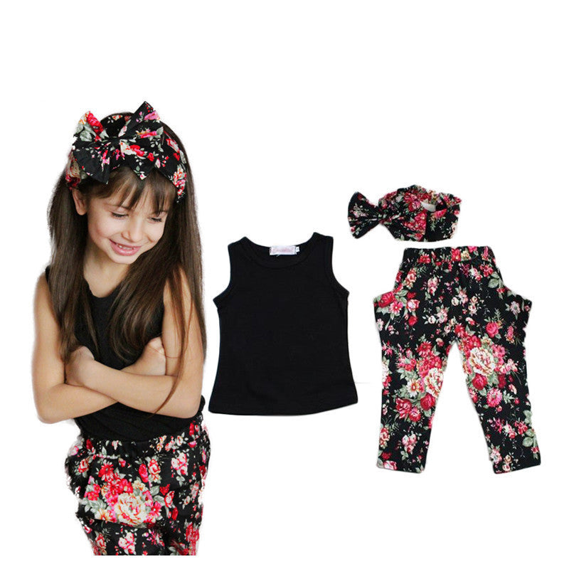 Summer style Girls Fashion floral casual suit children clothing set sleeveless outfit +headband new kids clothes set - CelebritystyleFashion.com.au online clothing shop australia