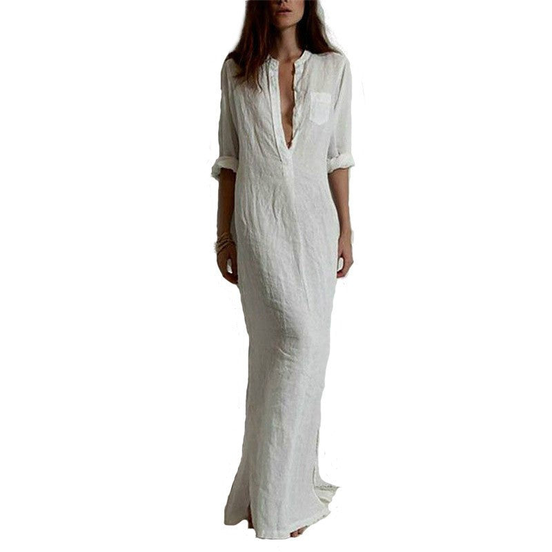 Fashion Autumn Women Sexy Casual Dress Long Sleeve Deep V Neck Linen S