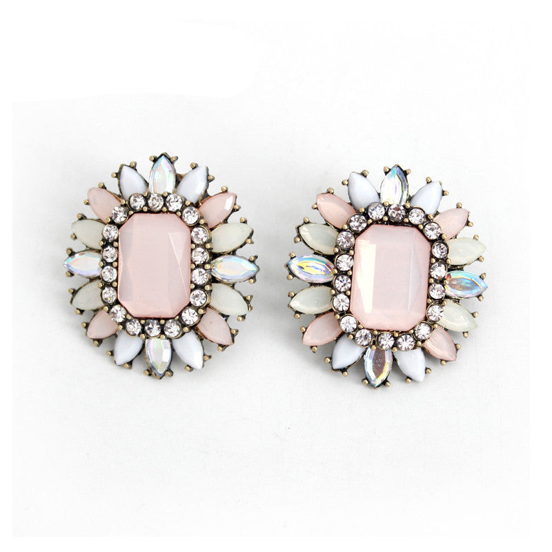 Geometric Big Flower Opal Stones Stud Earrings Design Fashion Party Bo