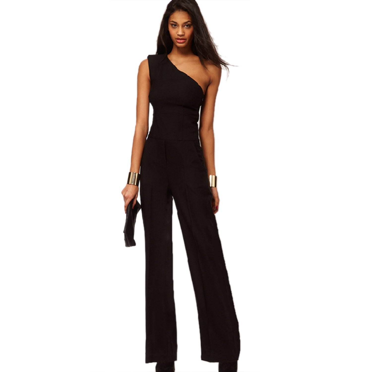 Sexy Women's One Shoulder Jumpsuit women's overall fashion High Waist Solid Chiffon jumpsuit pants coveralls black Full Length - CelebritystyleFashion.com.au online clothing shop australia