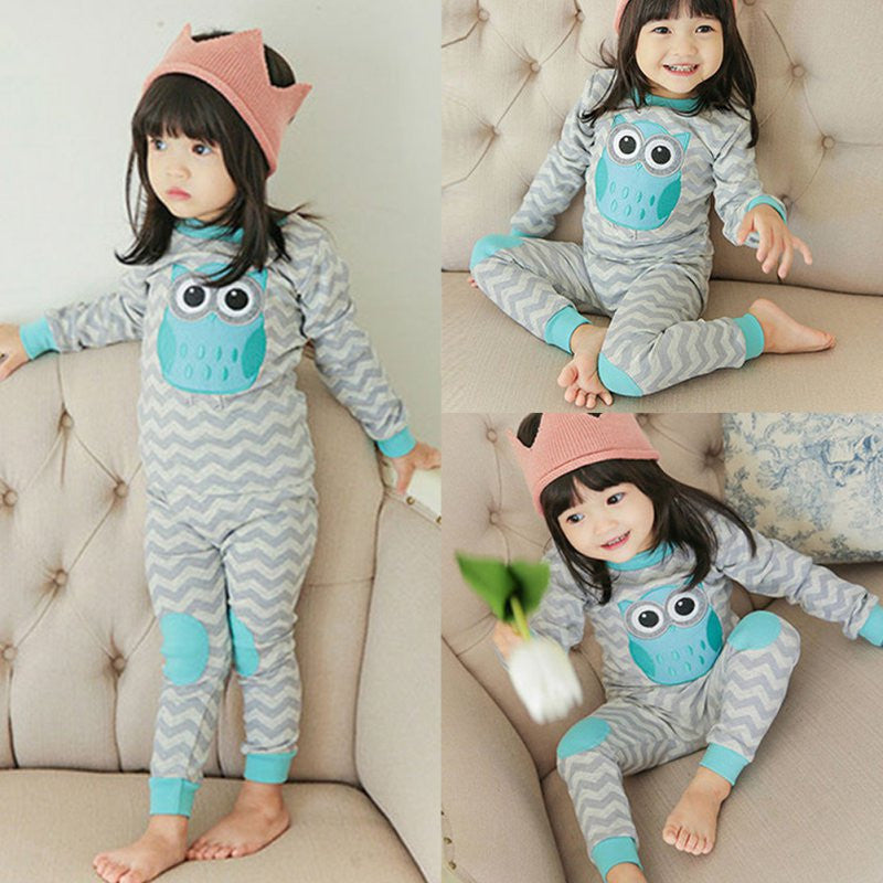 Cute Girl Cotton Wave Owl Printed Long Sleeve Tops+Pants Set Homewear Robes Sleepwear - CelebritystyleFashion.com.au online clothing shop australia