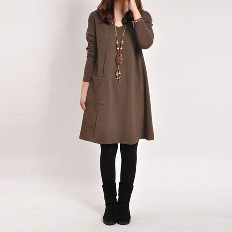 Autumn Winter Long Blusas Women Long Sleeve Pocket Dress Solid O Neck Casual Loose Dresses Vestidos Plus Size S-5XL - CelebritystyleFashion.com.au online clothing shop australia