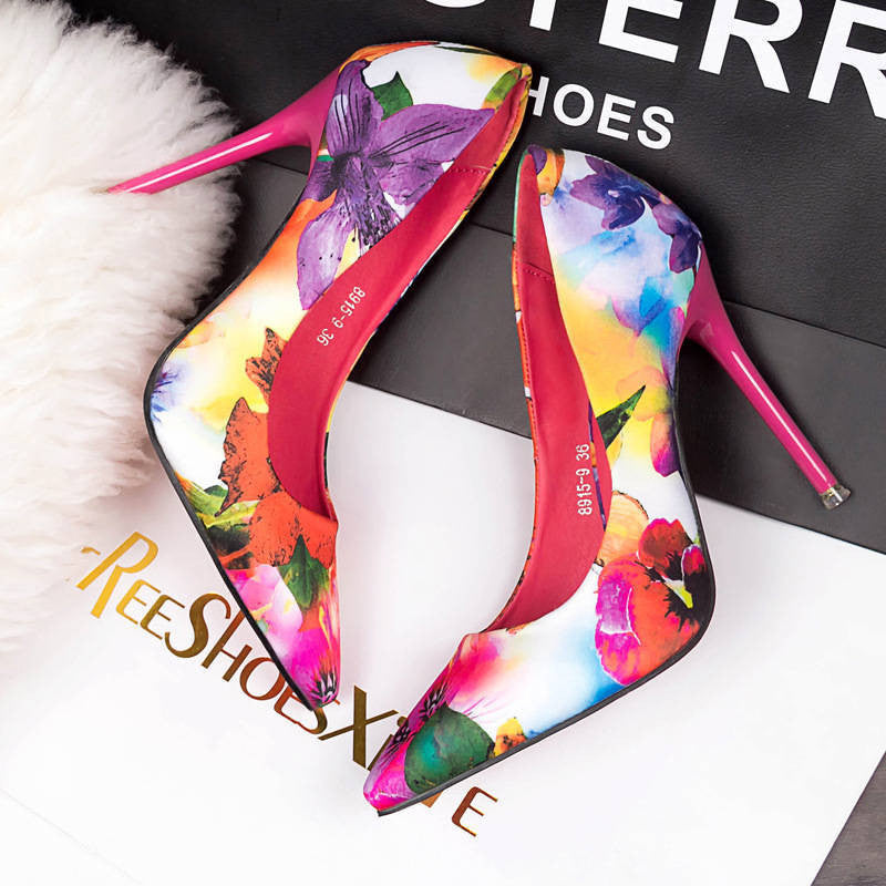 Women summer spring satin new thin high heels printing flowers classic high quality pointed toe women pumps women shoes - CelebritystyleFashion.com.au online clothing shop australia
