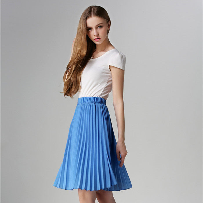 Pleated Skirt Autumn/Winter European Style Elegant Tulle Pleated Skirt Blue Chiffon Skirt Women's Vintage Pink Midi Skirt - CelebritystyleFashion.com.au online clothing shop australia