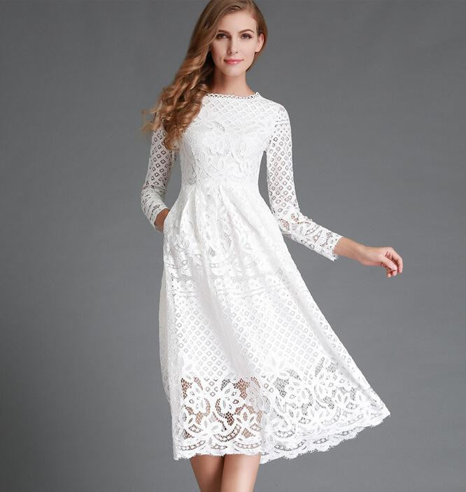 New European Spring Women's Lace Hollow Out Long Dresses Bohemian Femme Casual Clothing Women Sexy Slim Party Dress Vestido - CelebritystyleFashion.com.au online clothing shop australia