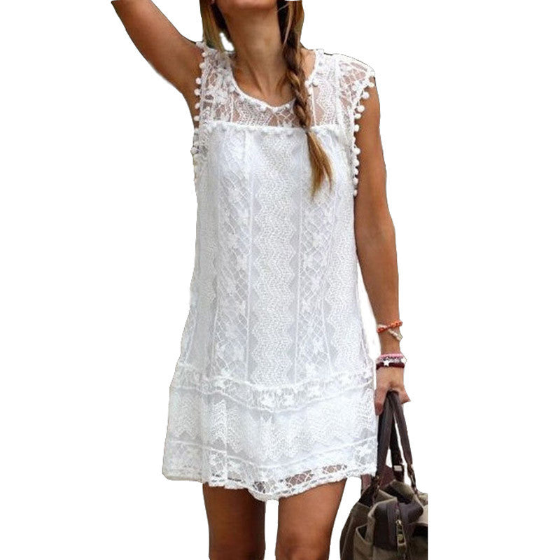 Summer Dress Sexy Women Casual Sleeveless Beach Short Dress Tassel Solid White Mini Lace Dress Vestidos Plus Size - CelebritystyleFashion.com.au online clothing shop australia