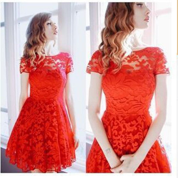 Women Floral Lace Dresses Short Sleeve Party Casual Color Blue Red Black Mini Dress - CelebritystyleFashion.com.au online clothing shop australia